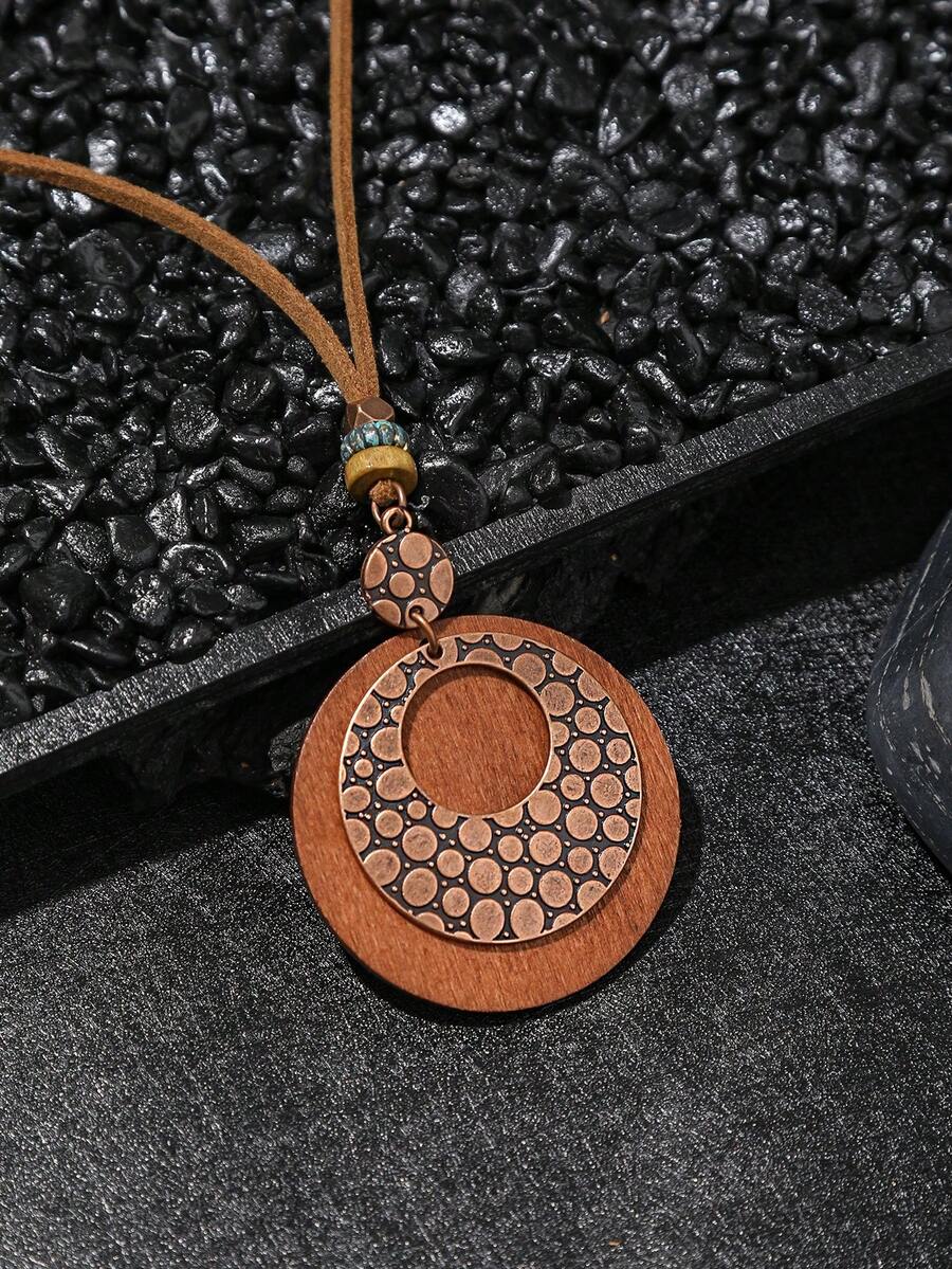 1pc Retro Wood & Metal Circle Shaped Long Pendant Necklace, Men Gift