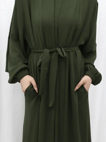 女士长袍端庄长袖阿巴雅长裙两件套服装（不含头巾） - 軍綠色 - 查看 4