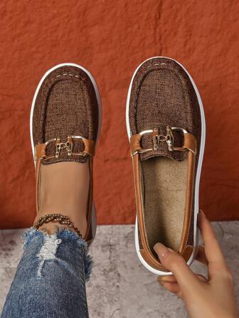 Women's Casual Metal Chain Buckle Slip-On Square Toe Loafers, Lightweight & Comfortable Flat Shoes For Spring And Autumn