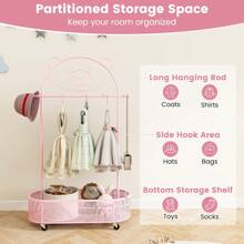 Kid Clothes Rack With 3 Adjustable Heights, Freestanding Clothes Rack On Wheels, Cartoon Wardrobe W/ Basket For Children Adults, Mobile Clothes Hanging Rod For Kids Room, Living Room, Pink - 粉色 - 查看 4