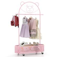 Kid Clothes Rack With 3 Adjustable Heights, Freestanding Clothes Rack On Wheels, Cartoon Wardrobe W/ Basket For Children Adults, Mobile Clothes Hanging Rod For Kids Room, Living Room, Pink - 粉色 - 查看 1
