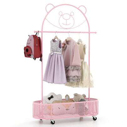 Kid Clothes Rack With 3 Adjustable Heights, Freestanding Clothes Rack On Wheels, Cartoon Wardrobe W/ Basket For Children Adults, Mobile Clothes Hanging Rod For Kids Room, Living Room, Pink