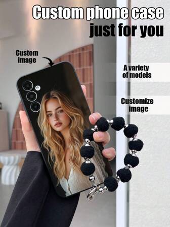 1pc Black TPU Customizable Pattern Shockproof Phone Case And 1pc Black Fuzzy Ball Wrist Strap, Compatible With IPhone Apple, Android, Galaxy A51 4G, A52, A52s 5G, S23 Ultra, A13 4G, A12, S22 Ultra, OPPO A54, A54, 14 Pro Max, Galaxy A14, A32 4G,Stylish,Colorful,Vintage,Cute,Contracted,Funny,Custom,Personalized,Unique,Customized,Ideal Gifts For Him,Ideal Gifts For Her,Boyfriend,Girlfriend,Family,Friends,Grandparents,Couple,For Anniversaries,For Birthdays,Season Picks,2025phonecase,Photo Customized Phone Case