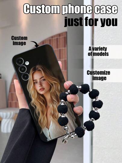 1 capa de celular preta em TPU com estampa personalizável e resistente a impactos, e 1 alça de pulso preta com pompom, compatível com iPhone, Android, Galaxy A51 4G, A52, A52s 5G, S23 Ultra, A13 4G, A12, S22 Ultra, OPPO A54, A54, 14 Pro Max, Galaxy A14, A32 4G. Estilosa, colorida, vintage, fofa, minimalista, divertida, personalizada, única, ideal para presentear ele e ela, namorado, namorada, família, amigos, avós e casais em aniversários, formaturas, casamentos, bailes de formatura, Dia das Mães e Dia dos Pais.