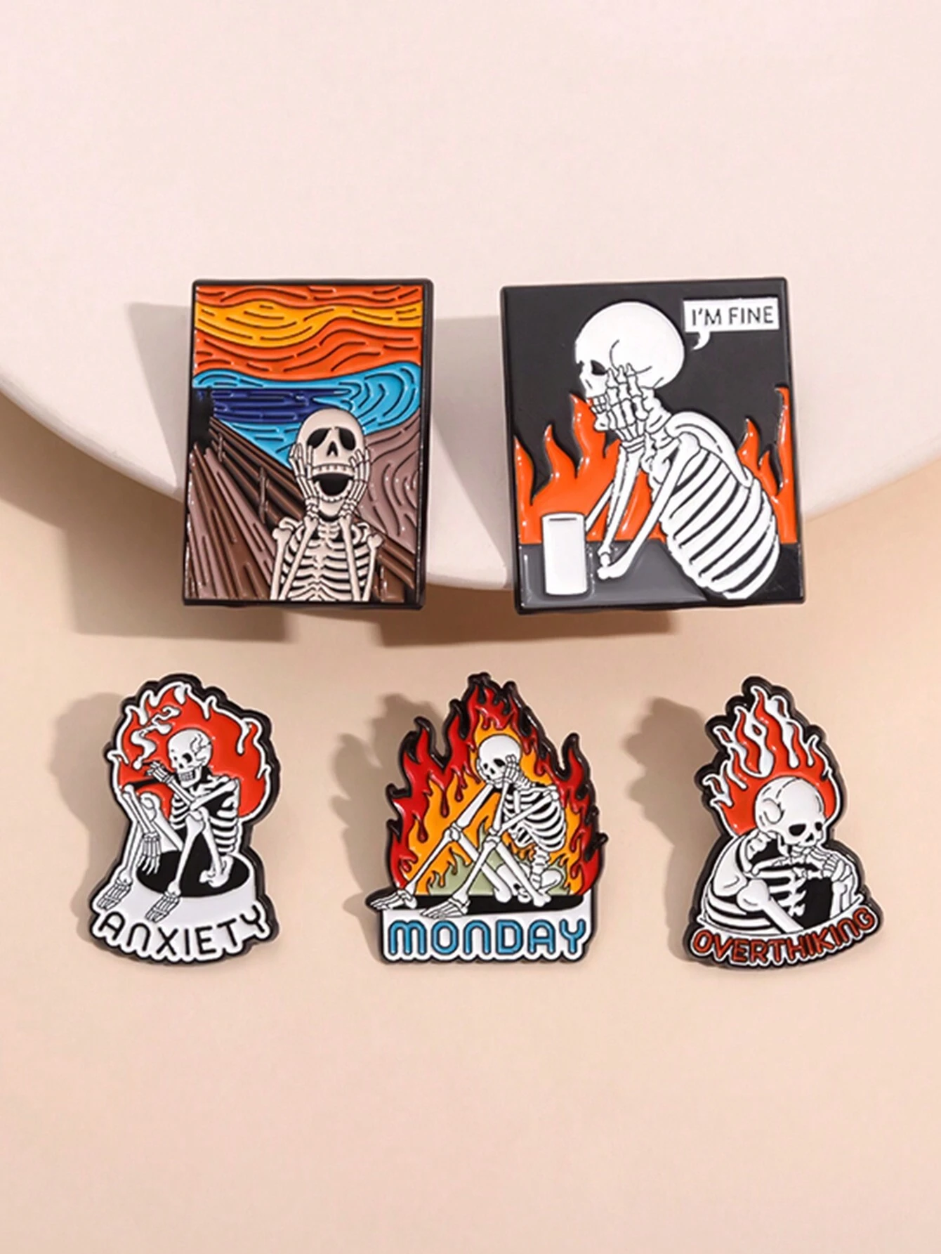 5pcs Skeleton Anxiety Enamel Pins Mental Health Overthinking Brooches