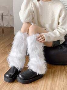 1 双女式纯色毛绒暖腿套，Y2K 性感风格，厚毛绒保暖腿套，适合日常穿着，秋冬 - 白色 - 查看 4