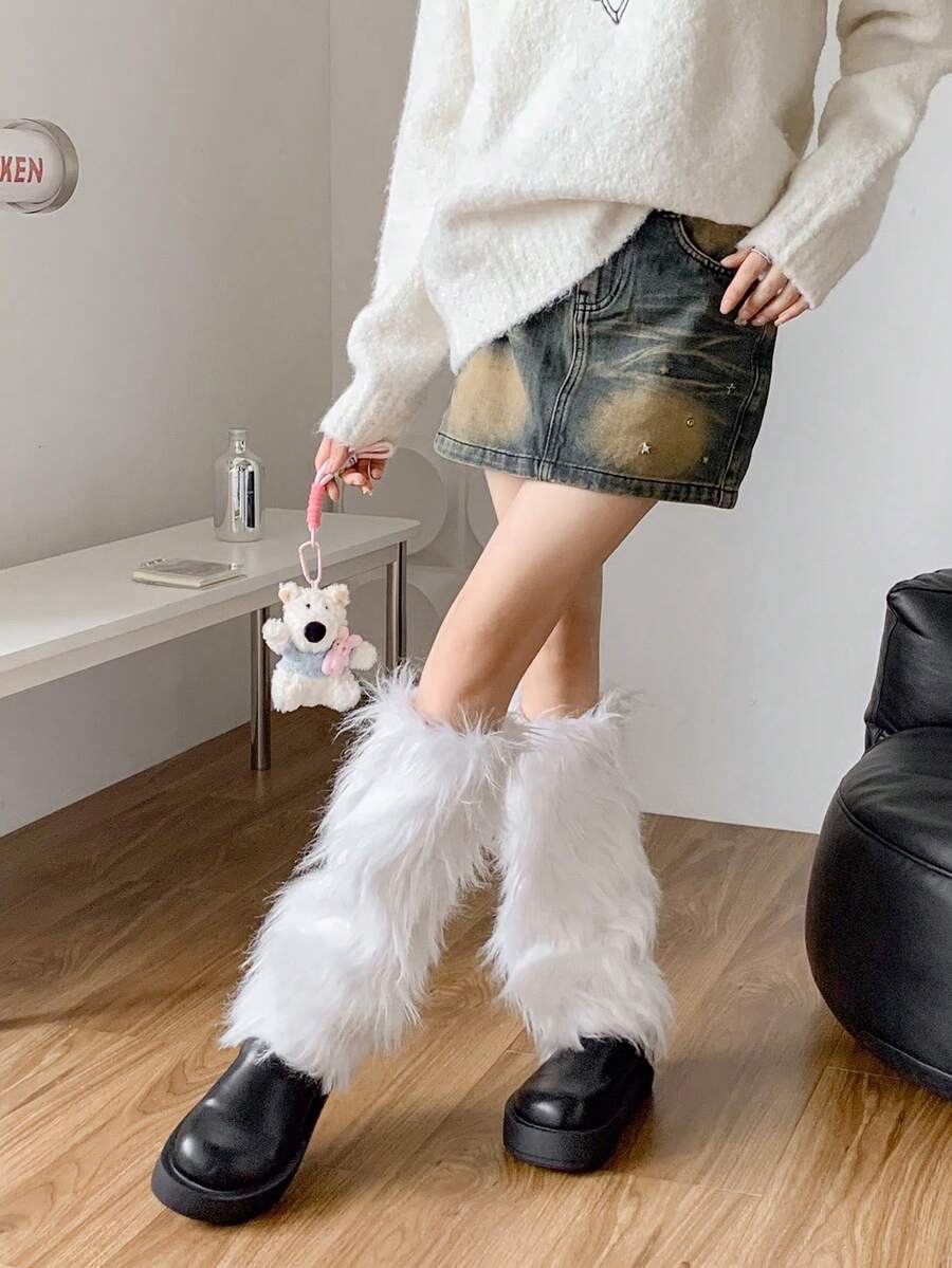 1 双女式纯色毛绒暖腿套，Y2K 性感风格，厚毛绒保暖腿套，适合日常穿着，秋冬 - 白色 - 查看 1