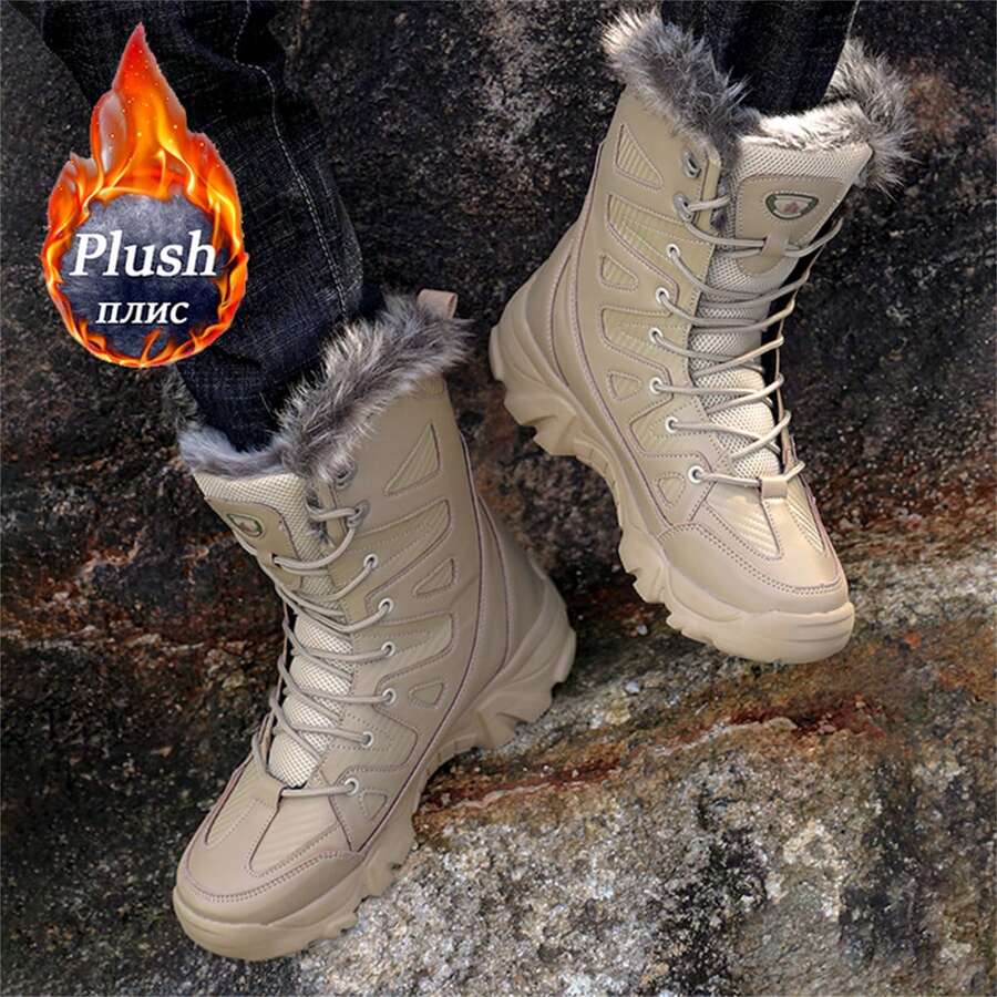 冬季男士靴子毛绒皮革防水登山狩猎鞋男女款系带户外保暖徒步靴运动鞋 - 卡其色 - 查看 1