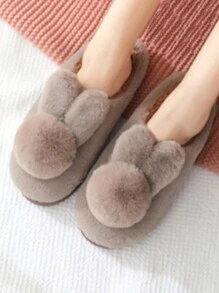 A Pair Of Cute Fur Ball Rabbit Ears Anti Slip Warm Slippers - Brown - View 3