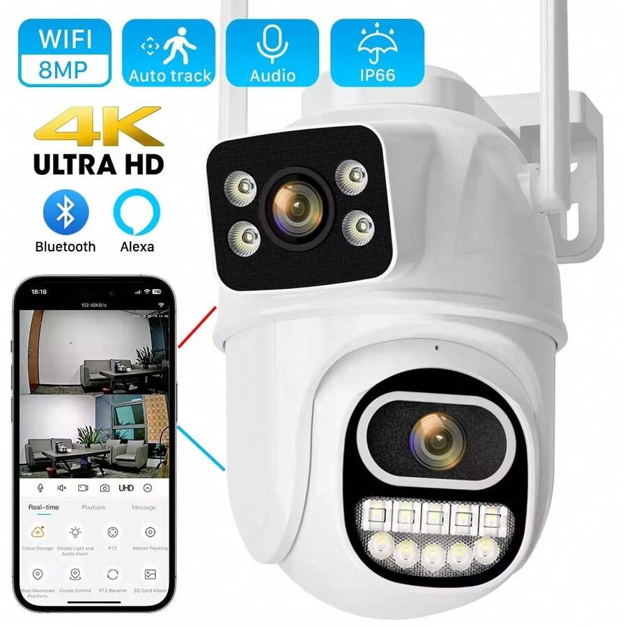 4K 8MP WiFi Monitoring Camera, Dual Lens AI Human Detection, Outdoor