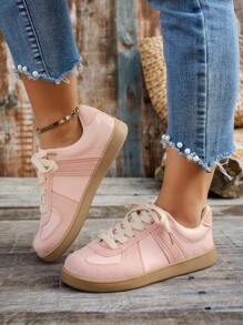 秋冬女士复古休闲运动鞋，经典低帮白色硫化鞋，厚底运动跑步鞋，粉色配橡胶外底，舒适时尚，适合女士 - 粉色 - 查看 2