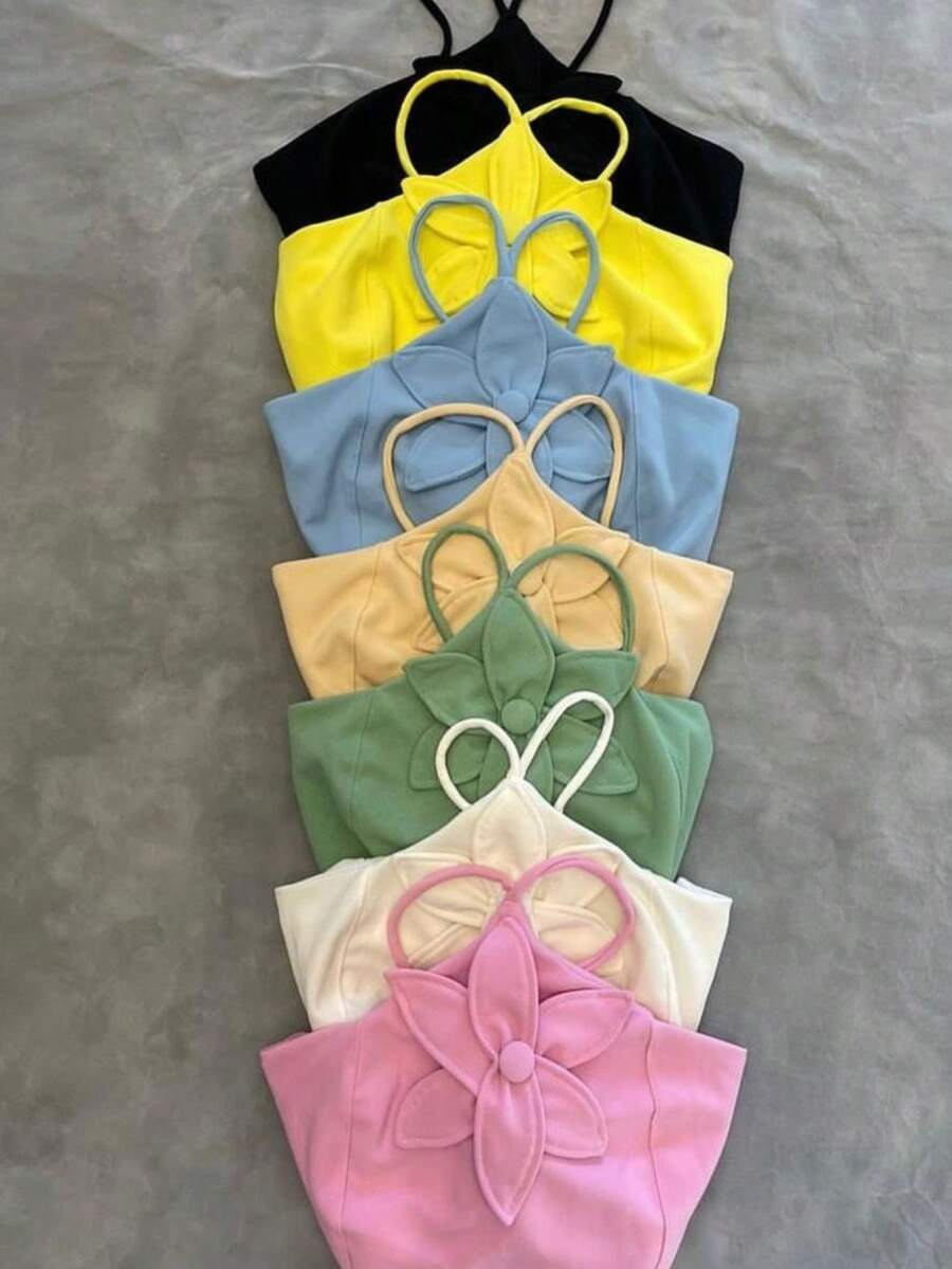 CROP TOP KITS IN ASSORTED COLORS, NECK TIE WITH FLOWER ON THE FRONT - 黃色 - 查看 1