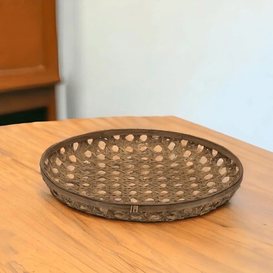26" Brown Bamboo Weave Round Wood Tray - Brown - View 1
