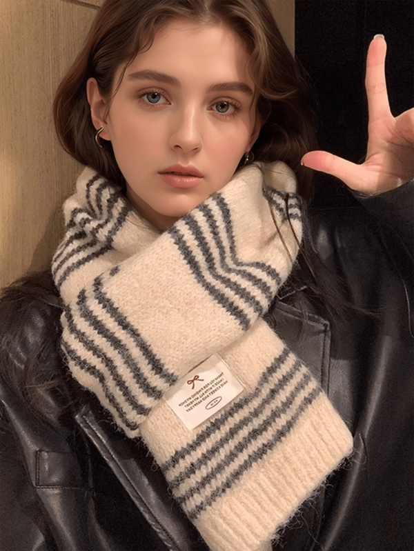 1pc New Striped Wool Blend Contrasting Scarf Autumn And Winter High-End Sweet Feeling Cycling Warm Windproof Scarf Daily Versatile Knitted Thick Neck Protection