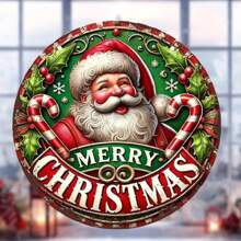 1 件复古圆形锡制拐杖糖设计圣诞装饰标志 - “圣诞快乐”，8 英寸 X 8 英寸 - 非常适合前门迎宾、复古墙壁艺术、家居和花园节日装饰、圣诞礼物 - 彩色 - 查看 4