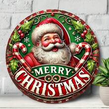 1 件复古圆形锡制拐杖糖设计圣诞装饰标志 - “圣诞快乐”，8 英寸 X 8 英寸 - 非常适合前门迎宾、复古墙壁艺术、家居和花园节日装饰、圣诞礼物 - 彩色 - 查看 3