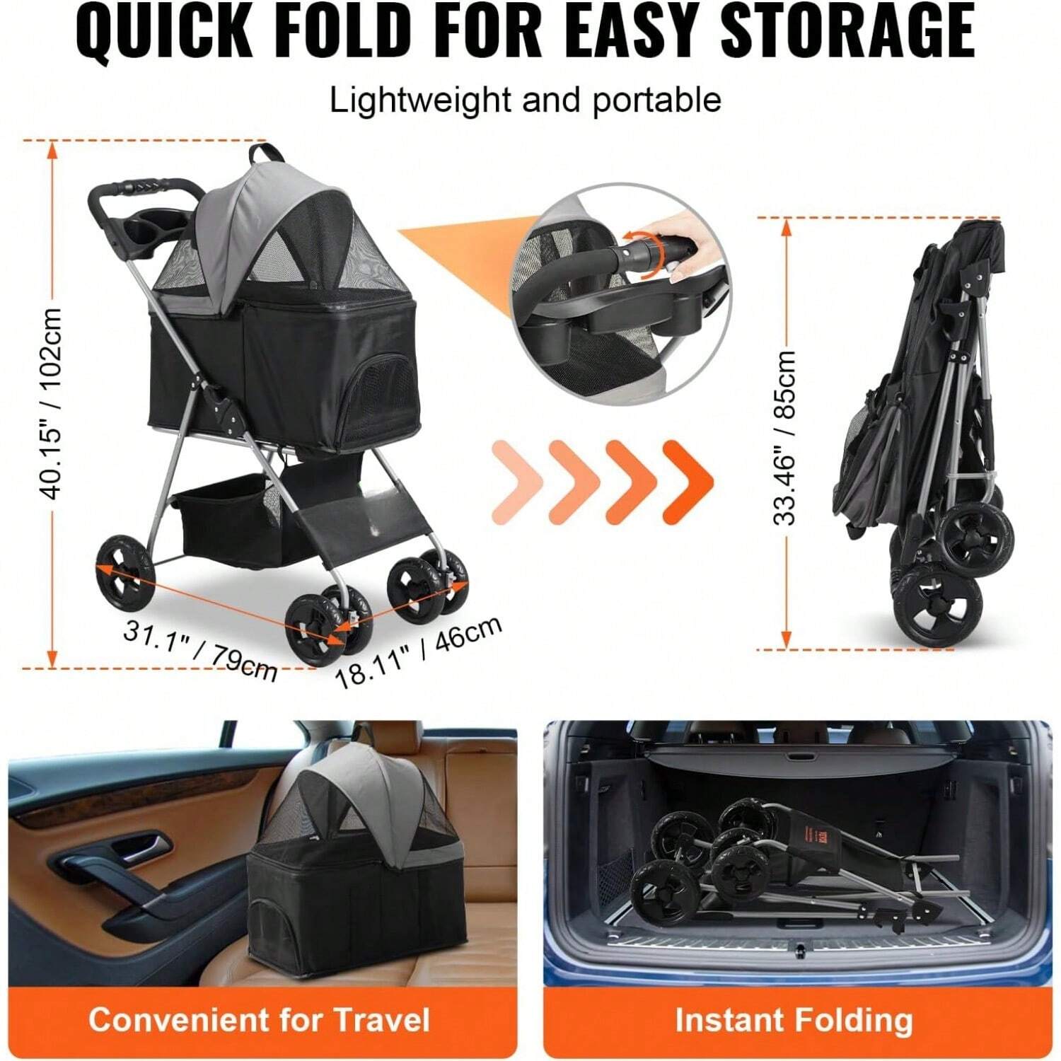 3 In 1 Dog Stroller For Medium Small Dogs Up To 35lbs, 4 Wheels Folding