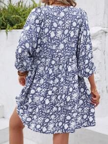 Allover Print Lantern Sleeve Smock Dress - Mauve Purple - View 2