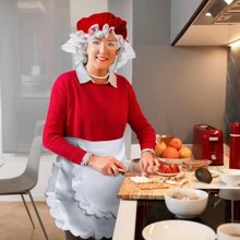 Décoration de Noël Lot de 3 pièces Costume de Mme Claus, Ensemble de robe de Mme Noël avec perruque, bonnette, lunettes pour déguisement de Noël