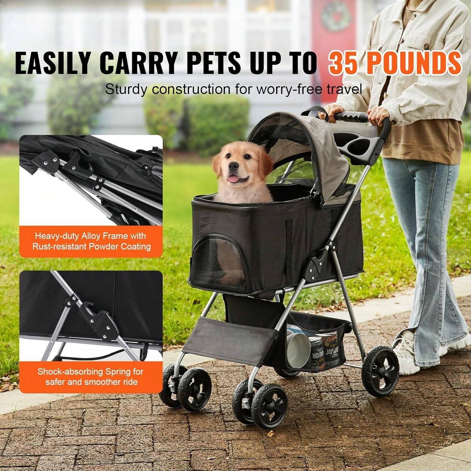 3 In 1 Dog Stroller For Medium Small Dogs Up To 35lbs, 4 Wheels Folding