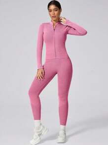 一套女士哑光长款运动套装，带罗纹拉链，户外徒步运动外套和裤子，春季款 - 中紫紅色 - 查看 9