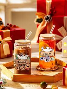 1 件 500 毫升万圣节幽灵个性化玻璃水瓶，带竹盖、吸管和吸管刷，可重复使用的夏季凉爽玻璃杯，可为朋友、爱人、父母、同学定制 - 万圣节礼物和装饰 - 多色 - 查看 4