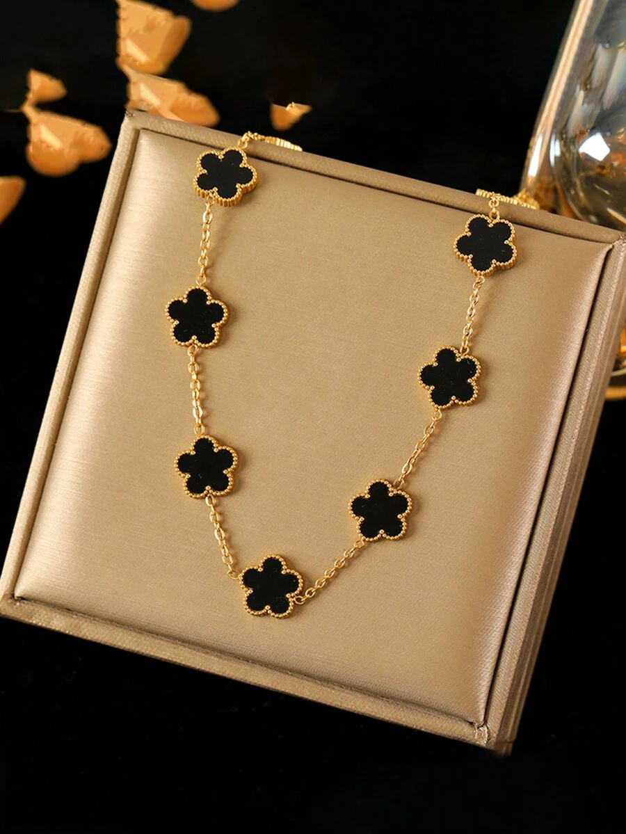 RAYQUEEN 1 Peça Colar Pendente de Flor em Patchwork de Aço Inoxidável, Preto e Branco, Uso Diário Versátil e na Moda para Mulheres - Ouro amarelo - Visão 1