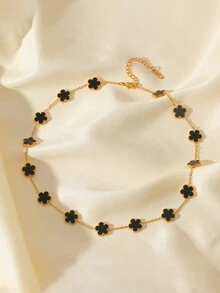 RAYQUEEN 1 Peça Colar Pendente de Flor em Patchwork de Aço Inoxidável, Preto e Branco, Uso Diário Versátil e na Moda para Mulheres - Ouro amarelo - Visão 3