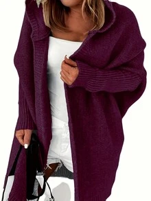 Casual Loose Solid Color Hooded Knit Cardigan Fall - Burgundy - View 2