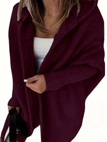 Casual Loose Solid Color Hooded Knit Cardigan Fall - Burgundy - View 3