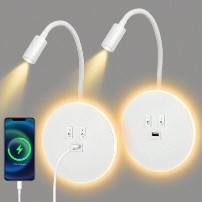 Luz de pared LED, lámpara de cuello de cisne flexible, lámpara de lectura de cabecera con interruptor, puerto de carga USB, luz de ambiente (luz cálida 3W + luz cálida 9W) blanco