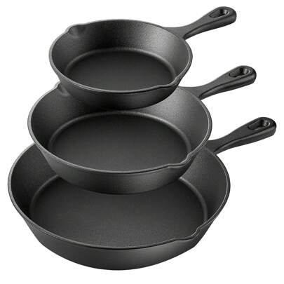 Sartenes de Hierro Fundido (3 Pz. de 16, 21 y 27 cm) para Cocinar en Estufa, Horno, Asador, Fuego Directo, Resistente a Alta Temperatura, Antiadherentes Sin Teflón, Duraderos y Resistentes, Sartén Para Uso Doméstico O Al Aire Libre