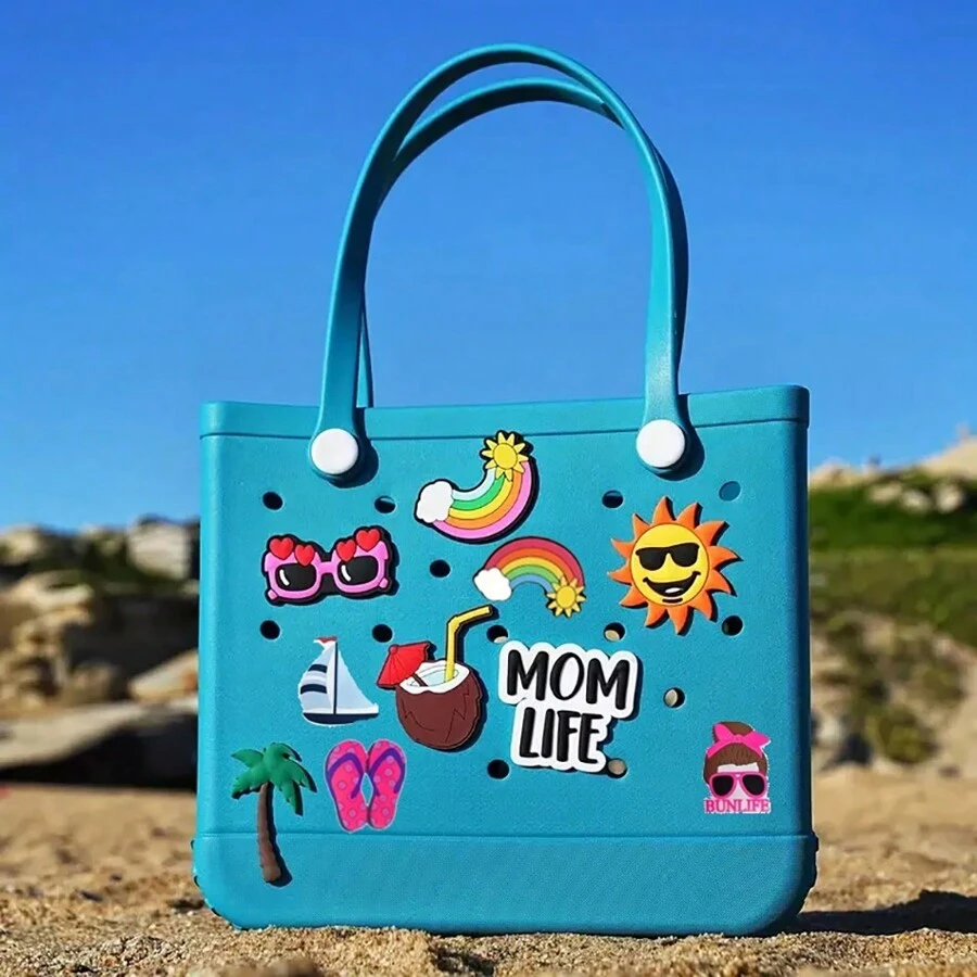 Summer New EVA Beach Bag, Rubber Tote Bag, Waterproof Washable Tip Proof Durable Open Tote Bag, Super Large Capacity Suitable For Shopping, Grocery Shopping, Travel, Parties, Outdoor Activities, Beach Seaside - 寶藍色 - 查看 1
