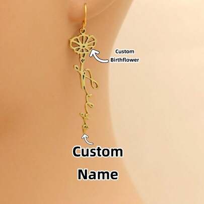 Personalized Birthflower Name Gold Earring,Custom Silver Birthflower Letter Drop, Rose Gold Ear Drop Gift For Women, Birthday Gift For Mother, Christmas Gift For Wife,Ideal Wedding Gift For Girlfriend