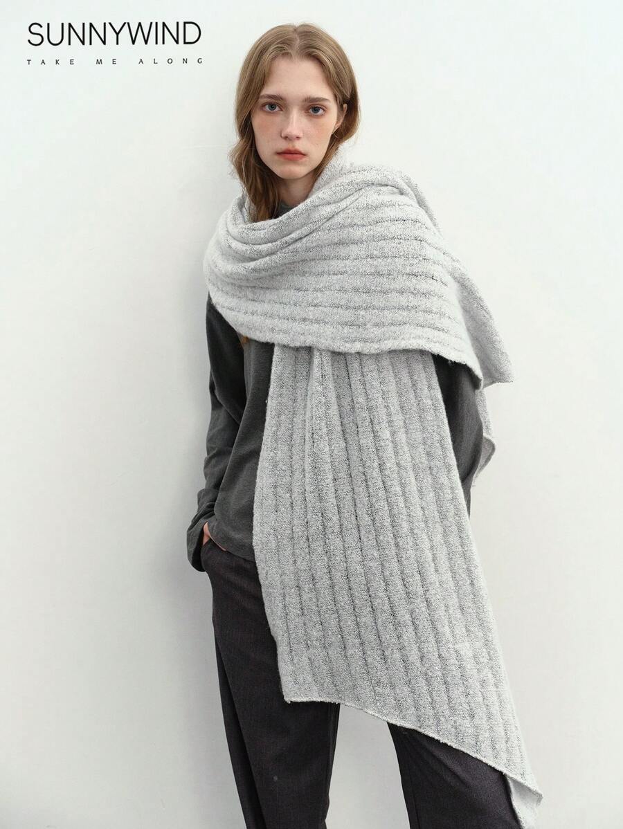 1pc Women's Solid Vertical Striped Soft Skinny Oblique Edge Large Size Thick Scarf Shawl, Suitable For Autumn/Winter Warmth - Light Grey - View 1