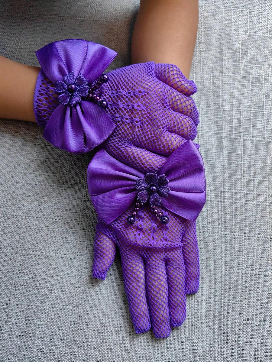 1 Pair Children Lace Hollow Out Bow Princess Gloves (For Party And Holiday Events) - Purple - View 1
