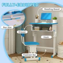 HOMCOM Kids Desk And Chair Set Adjustable Height Study Table Set W/ Drawer, Book Stand, Pen Slot - 藍色 - 查看 4