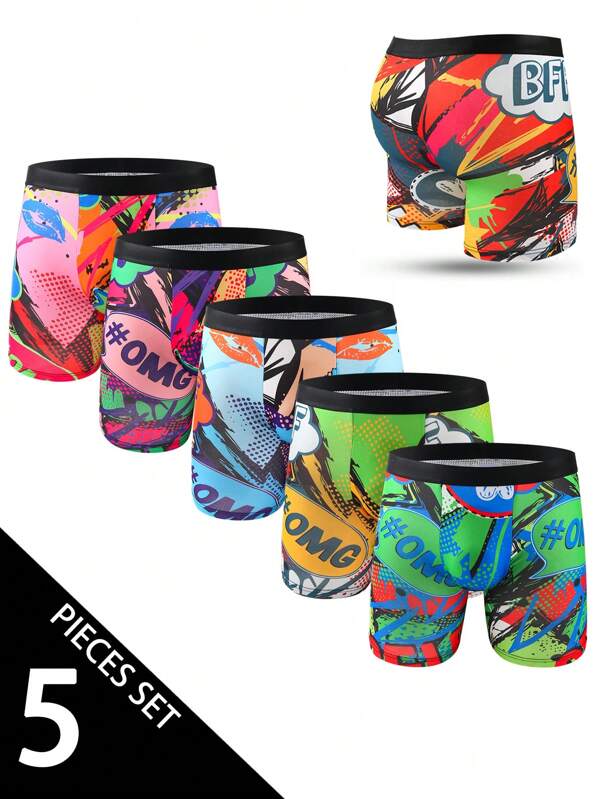 Set de 5 calzoncillos tipo bóxer largos para hombre con estampado de grafiti a la moda, ropa interior de tela elástica y transpirable con patrones aleatorios