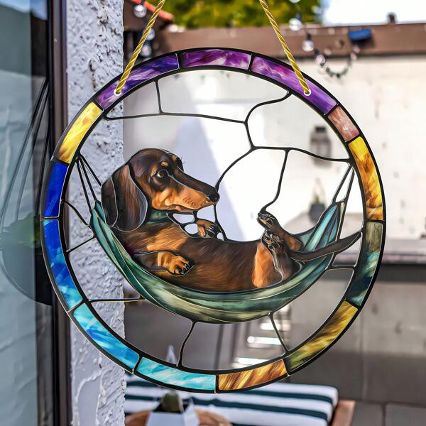 1pc Dachshund Hammock Acrylic Light Catcher - 6x6 Circular Sun Catcher, Perfect Gift For Dog Lovers, Home & Garden Wall Decoration,Home Decor ,Room Decor,Wall Decor Gifts Birthday Graduation