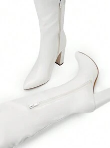 Women's Chunky Heel Pointed Toe Over-Knee-High Boots With Side Zipper Closure And Wrinkled Design For Autumn/Winter, Match Any Wearing And Occasion - trắng - Xem 9