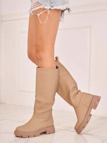 Beige Chunky Knee-High Boots – Modern Urban Style And Comfort Guaranteed - Apricot - View 2