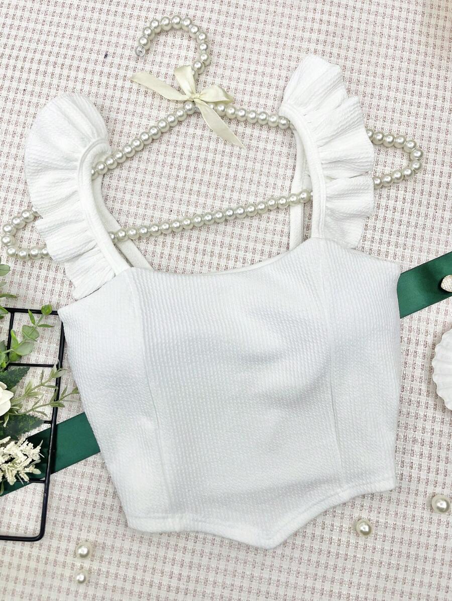 ELLIE Ribbed Crop Top With Bulge / Ruffled Strap / Women's Fashion - trắng - Xem 1