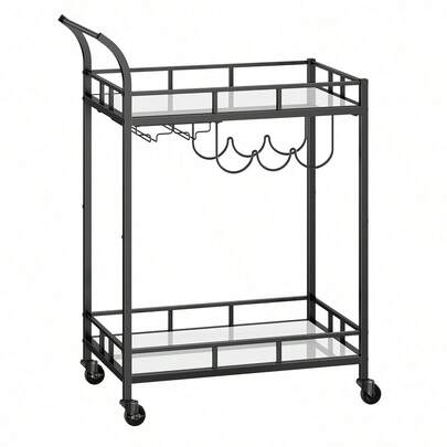 VASAGLE Drinks Trolley, Bar Cart, Serving Trolley With 2 Mirrored Shelves, Wine Holders, Glass Holders, For Home Bar, Kitchen, Dining Room, Black