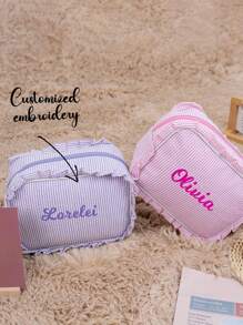 Customized Embroidered Makeup Bag With Personalized Stripes, Embroidered Lace Makeup Bag For Business Travelers, Creative Storage Bag, Personalized Bridal Gift, Bridesmaid Proposal, Groom's Toilet Bag, Bridesmaid Gift Anniversary Gift, Birthday Gift, Mother's Day Gift, Father's Day Gift, Best Friend Gift, Gift For Mom/Dad, Gift For Her/His, Gift For Girlfriend/Boyfriend/Friend