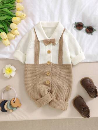 Baby Boy Gentleman Style Knit Jumpsuit For Infants, Small Collar Bow Decor, 2 In 1 Casual Overall