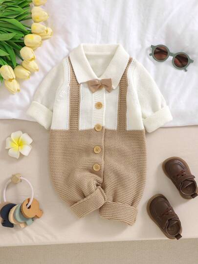 Baby Boy Gentleman Style Knit Jumpsuit For Infants, Small Collar Bow Decor, 2 In 1 Casual Overall