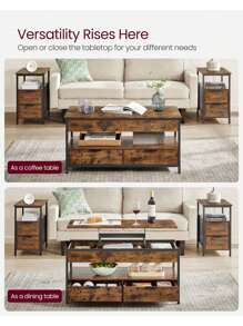VASAGLE Lift Top Coffee Table, Living Room Table, With Storage Drawers, Hidden Compartments, And Open Shelf, Rustic Brown And Ink Black - Brown - View 2