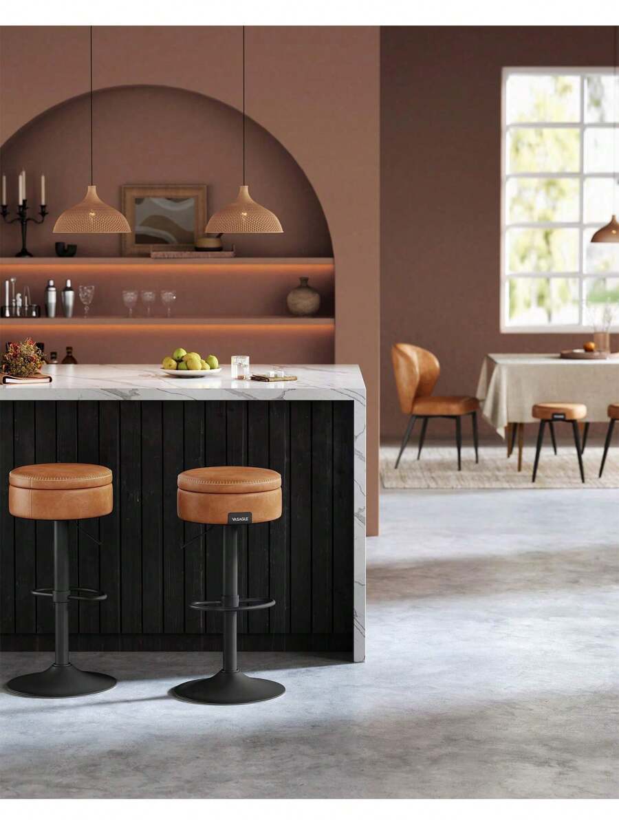 VASAGLE 360° Swivel Bar Stool, Height Adjustable Barstool With Storage, Synthetic Leather With Stitching, Caramel Brown