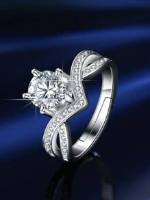 1pc 1 Carat D Color VVS Clarity GRA Certified Classic Elegant Luxurious S925 Sterling Silver Platinum Plated Moissanite Crown Open Finger Ring, Suitable For Women's Engagement, Wedding, Best Friend Gift, Wedding Party And Daily Wear. The Main Stone Is 1 Carat Moissanite With Brilliant Fire & Sparkle. S925 Sterling Silver Setting Is Hypoallergenic. The Design Is Fashionable, Graceful, Minimalist And Suitable For Office, Party And Commuting Occasions.