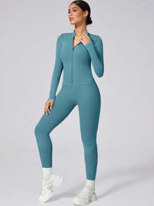 1 Set Women's Matte Sportswear, Ribbed Zip-Up Athletic Jacket And Stretchy Sweatpants - Mint Blue - View 5